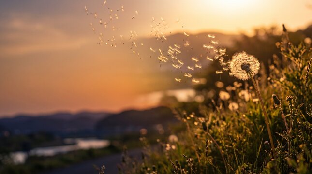 夕日に輝くたんぽぽの綿毛と風に舞う種子 