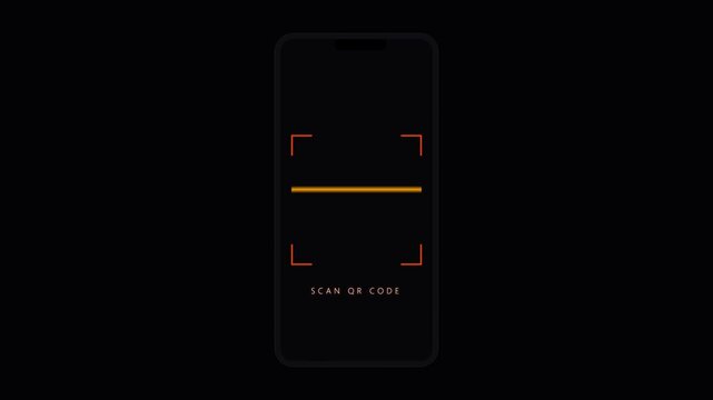 Smartphone QR Code Scanner Interface Animation with Glowing Scan Frame, Mobile Payment, Digital Authentication, Contactless Technology, Futuristic UI Overlay and Black Background Loop