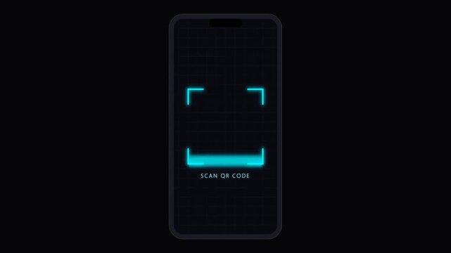 Smartphone QR Code Scanner Interface Animation with Glowing Scan Frame, Mobile Payment, Digital Authentication, Contactless Technology, Futuristic UI Overlay and Black Background Loop