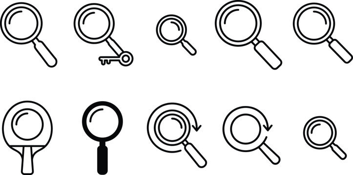 Magnifying glass search zoom in lens key and ping pong paddle line art icons vector template set