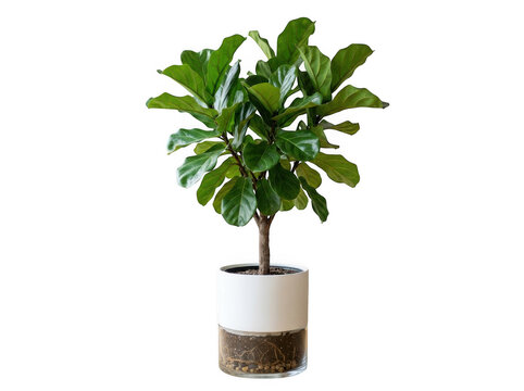 A potted fiddle leaf fig plant with green leaves isolated on transparent background
