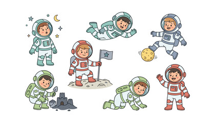 Fototapeta premium Cute kid astronaut character set exploring space floating planting flag and playing on moon vector