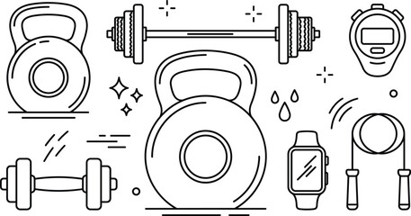 Fitness and bodybuilding gym equipment linear vector illustration featuring kettlebell barbell dumbbell jump rope smartwatch and stopwatch timer © MD