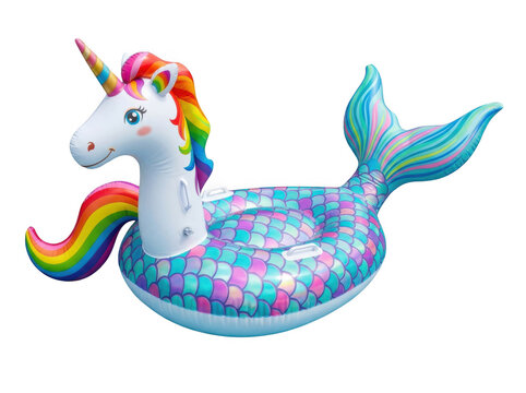 A colorful inflatable pool float shaped like a mythical creature with a rainbow mane.