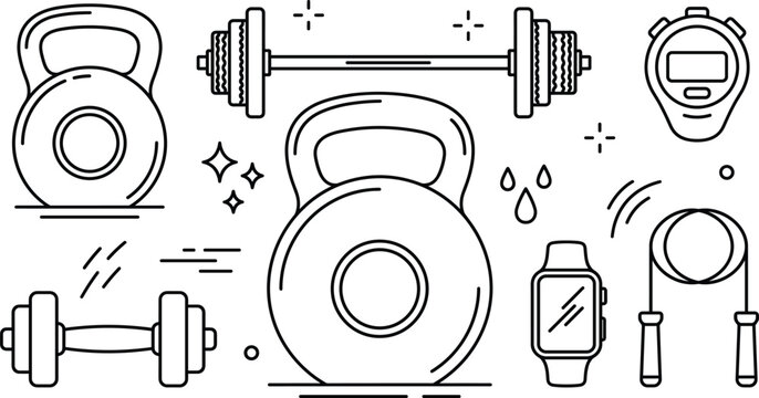Fitness and bodybuilding gym equipment linear vector illustration featuring kettlebell barbell dumbbell jump rope smartwatch and stopwatch timer