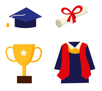 Graduation cap and diploma vector. Vector set of graduation supplies including graduation cap, certificate, trophy and graduation gown on a white background.