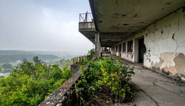 Abandoned building hallway overlooking lush green valley, overgrown with vegetation