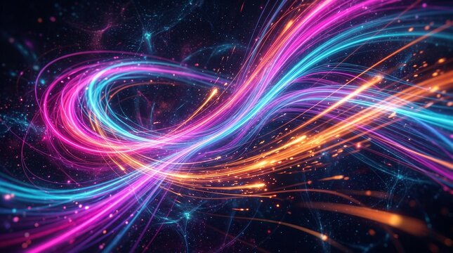 Dynamic abstract digital background showing an infinity loop of glowing cyan, magenta, and orange light streams with fiery flying particles in deep space