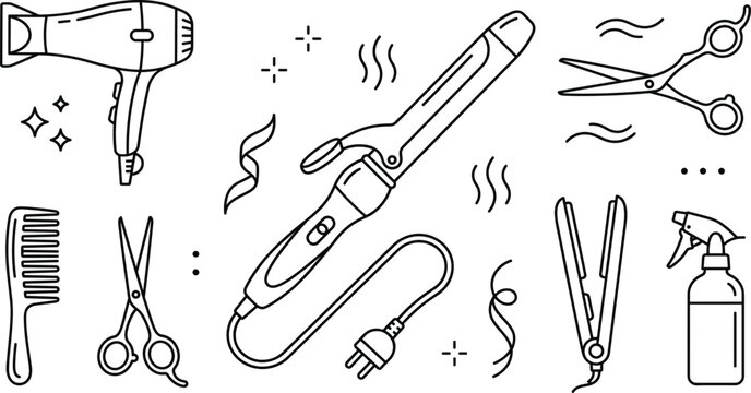 Hair salon and beauty styling tools linear vector illustration featuring curling iron blow dryer scissors comb straightener spray