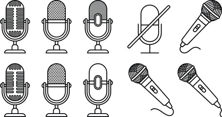 Microphone vector line icon set featuring vintage retro studio mics handheld stage microphones and a mute audio sign © MstBabli