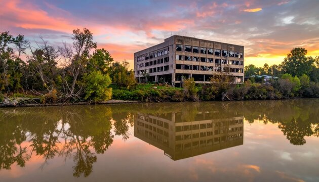 Abandoned Concrete Building Reflects in Calm River During Sunset