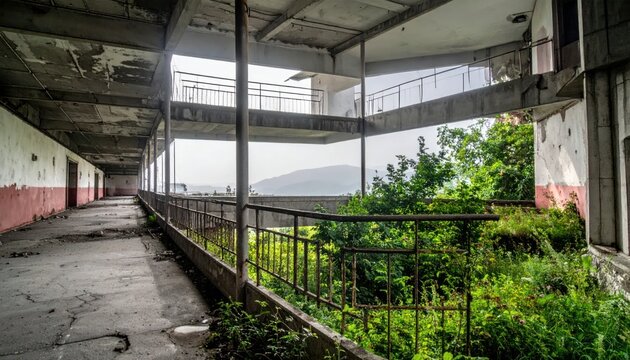 Abandoned multi-story building corridor overtaken by nature, with overgrown vegetation and decaying architecture.