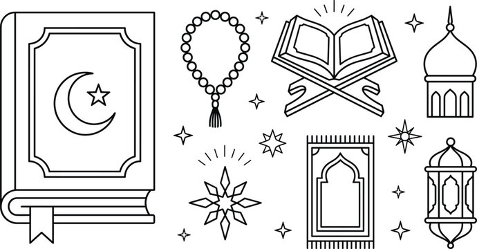 Islamic Ramadan celebration linear vector illustration featuring Holy Quran book open rehal prayer mat beads lantern and mosque