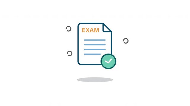 Looping Exam Document Icon Animation. Flat minimalist design of test paper with check mark symbol, isolated on white background