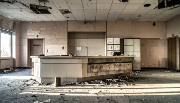 Abandoned reception desk in derelict building, decay and neglect