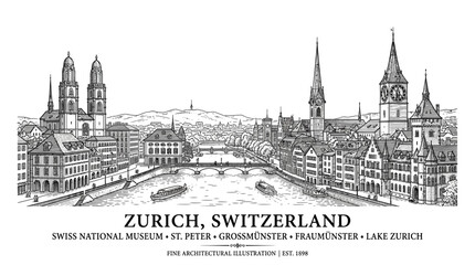 Fototapeta premium Zurich, Switzerland Cityscape Panorama - Hand-Drawn Architectural Illustration with Famous Landmarks