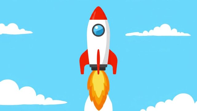 Rocket Launching into the Sky with Clouds and Flames.