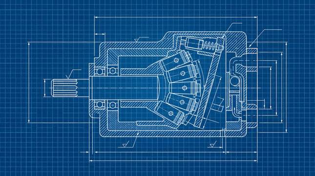 Engineering schematic of an axial piston hydraulic pump assembly on a blue grid blueprint background for industrial machinery design
