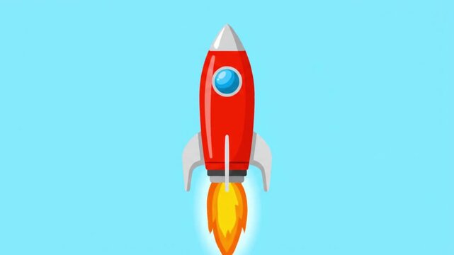 Red Rocket Launching into Bright Blue Sky with Fiery Exhaust.