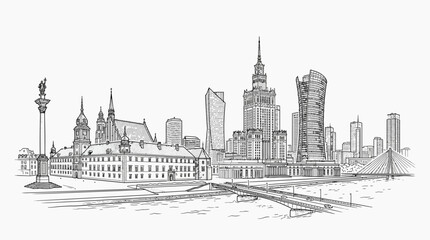 Fototapeta premium Warsaw Skyline Sketch: Historic Palace, Modern Skyscrapers, and Bridge