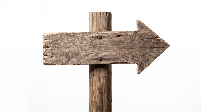 Weathered wooden arrow sign pointing right on post for direction guidance and wayfinding design