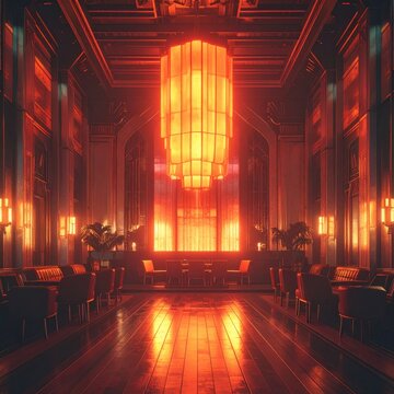 Grand hall interior with dramatic glowing amber ceiling light.