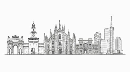 Obraz premium Milan Skyline Illustration: Iconic Landmarks in Black and White Sketch
