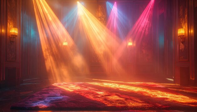 Grand theater hall with cinematic volumetric lighting beams.