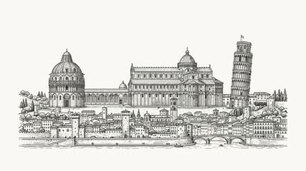 Obraz premium Pisa and Florence Skyline Panorama - Italian Landmark Illustration