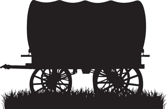 Black silhouette of a vintage covered wagon standing in the grass isolated on a... des