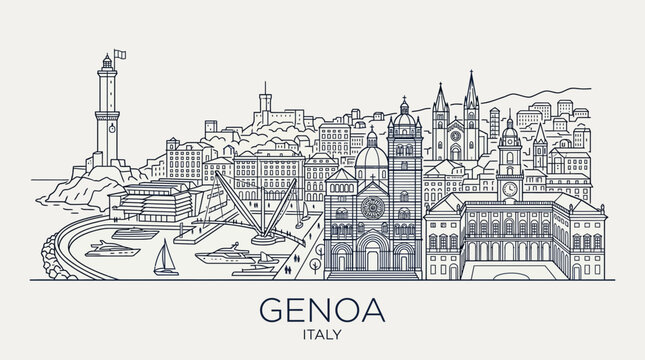 Genoa Skyline Illustration, Italy. Landmark Buildings, Lighthouse, Cathedral, Port, Sailboat. Cityscape Line Drawing
