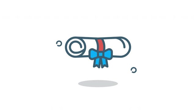 Looping Diploma Icon Animation. Flat minimalist design of academic certificate scroll with ribbon, isolated on white background