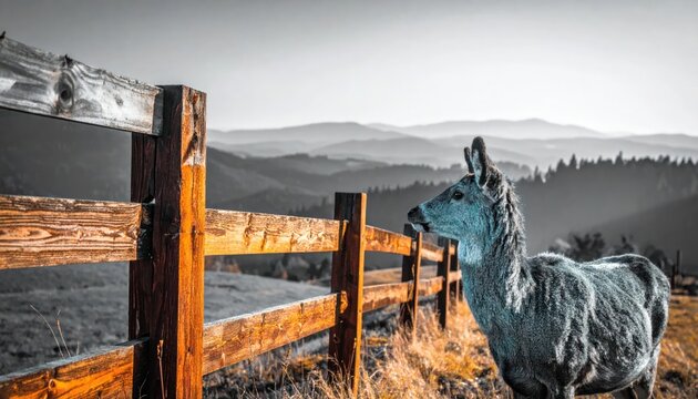 Gray deer looking past wooden fence towards mountains.