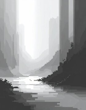 Grayscale pixel art landscape with geometric mountains and river