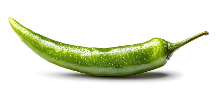 A fresh green chili pepper with water droplets on its skin isolated against a white background