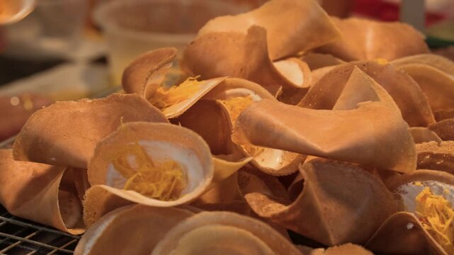 Thai Street Food Vendor Preparing Khanom Buang Crispy Pancakes