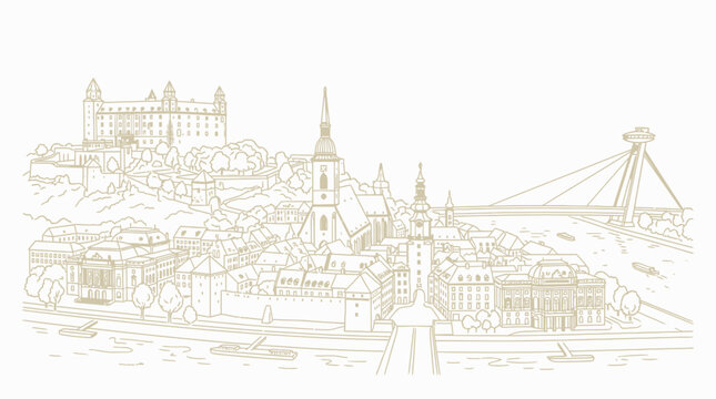 Bratislava Skyline Outline: Castle, Old Town, and UFO Bridge - Minimalist Gold Line Art