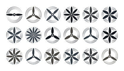 Airplane propeller icon collection with rotating blades fan turbines ventilation screws and aircraft engine rotators vector illustration set © Moner