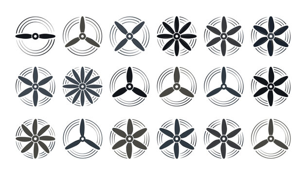 Airplane propeller icon collection with rotating blades fan turbines ventilation screws and aircraft engine rotators vector illustration set