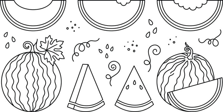 Minimalist outline watermelon vector set featuring whole striped melons slices wedges with seeds and bitten decorative summer elements