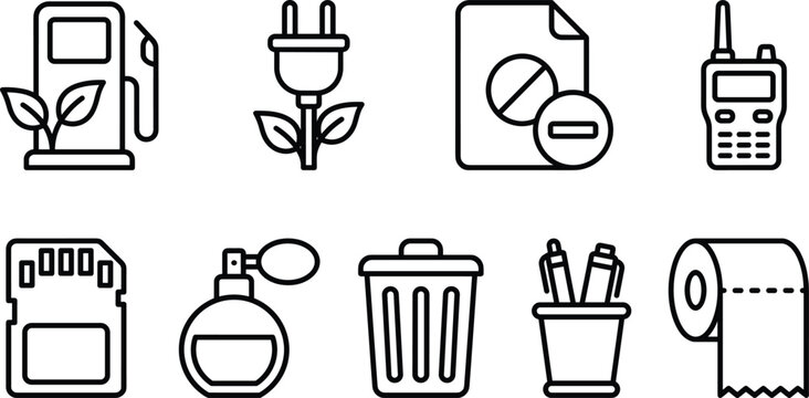 Miscellaneous vector line icon set featuring eco power plug biofuel pump walkie talkie sd card and household objects