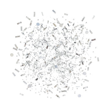 Shimmering silver metallic confetti pieces and circular sequins frozen in mid-air drifting down against a transparent background, festive celebratory atmosphere