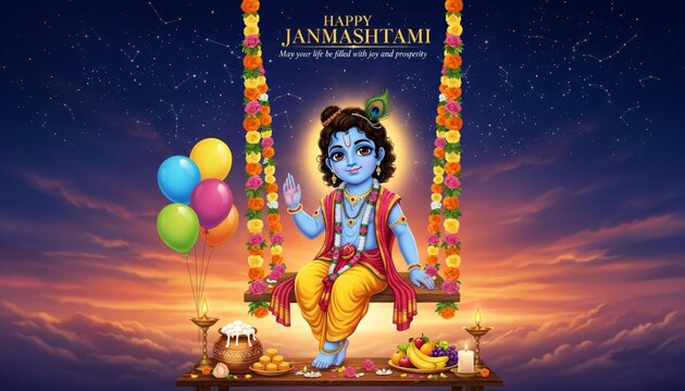 Happy Janmashtami: Baby Krishna on a Swing with Festive Treats