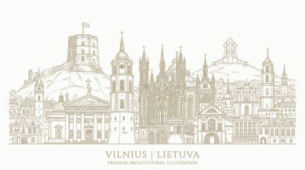 Obraz premium Vilnius Lithuania Skyline Line Art Illustration - Famous Landmarks and Architecture