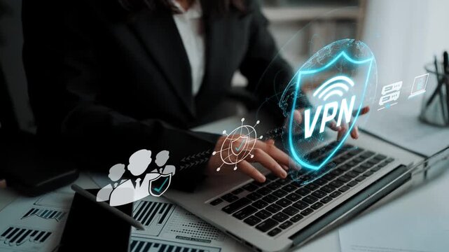 Business professional using a laptop with VPN technology icon for secure internet connection in a modern office environment Sigmoid