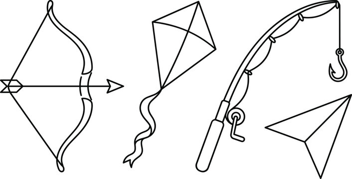Outdoor recreation vector line icon set featuring bow and arrow kite fishing rod and paper plane design elements