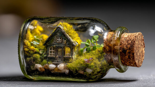 Miniature house inside a glass bottle terrarium with cork stopper, terrarium