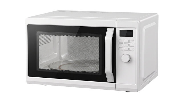 Modern white microwave oven with digital display, sleek kitchen appliance for food heating, isolated electronic microwave on white background