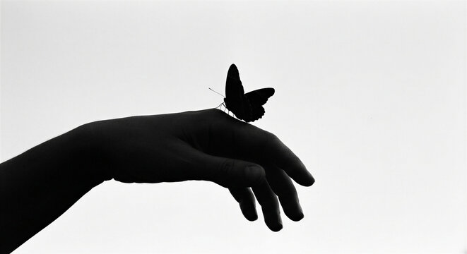 Silhouette of a butterfly resting gently on a human hand against a bright sky