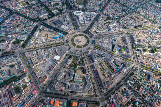 Aerial Panorama of Tekes Bagua City Radial City Planning, I Ching Geometry Layout and Ring Road Network in Xinjiang